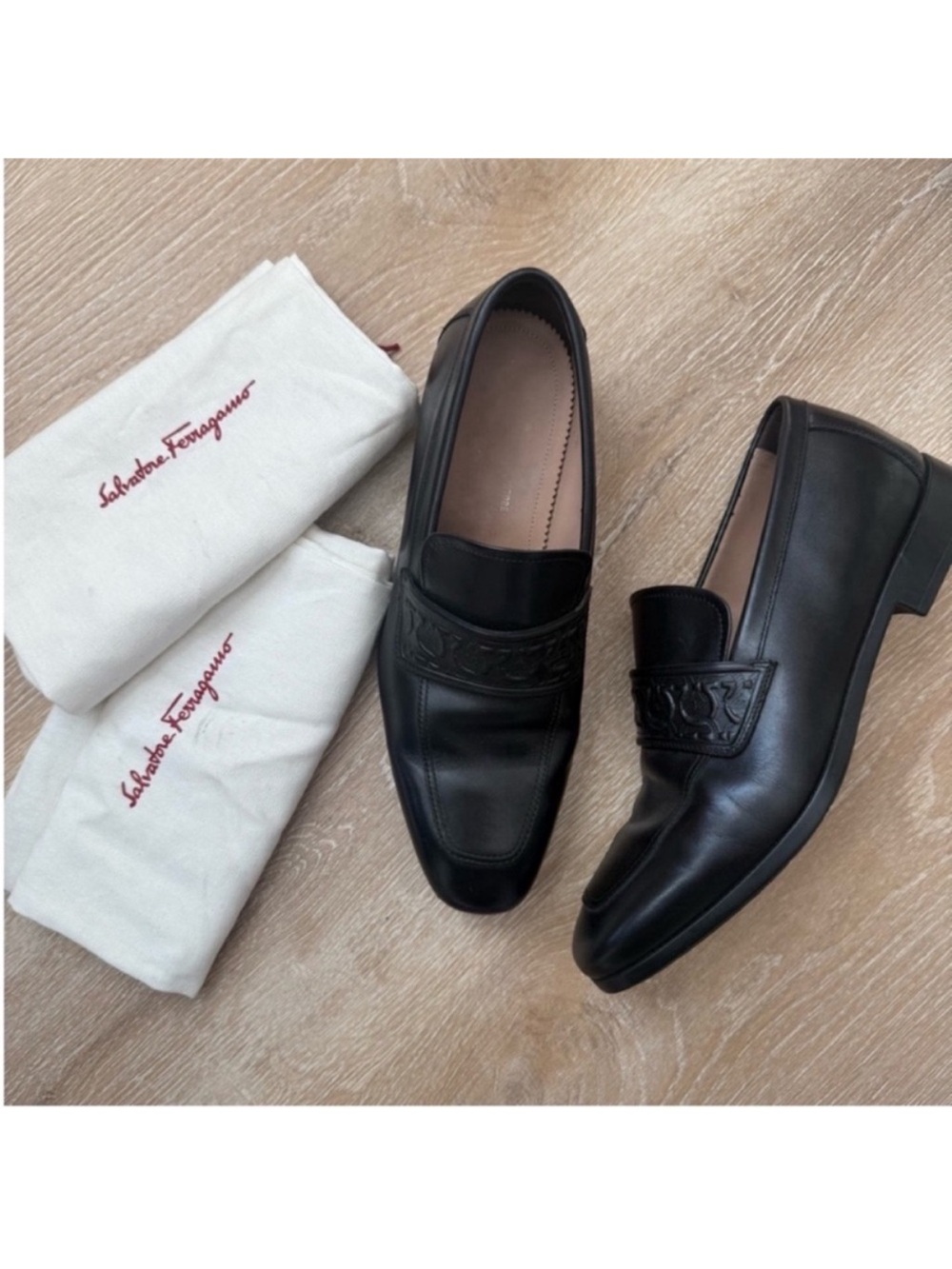 Salvatore Ferragamo Black Leather Embossed Penny Loafers